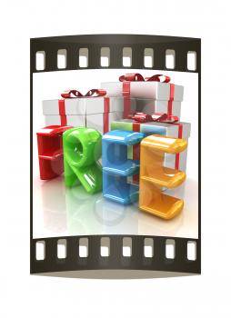 3d colorfull text  FREE and gifts isolated on mirror floor. The film strip