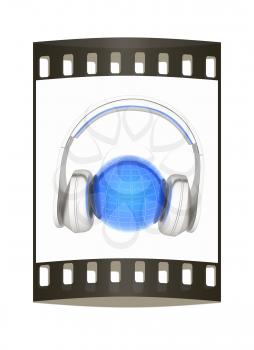 abstract 3d illustration of earth listening music. The film strip