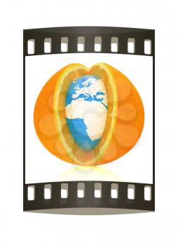 Earth on orange fruit on white background. Creative conceptual image. The film strip