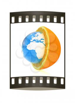 Earth on orange fruit on white background. Creative conceptual image. The film strip