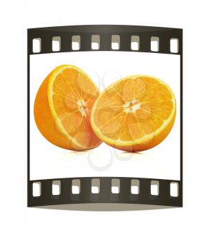 Orange fruit half on white background. The film strip
