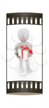 3d man and gift with red ribbon on a white background. The film strip