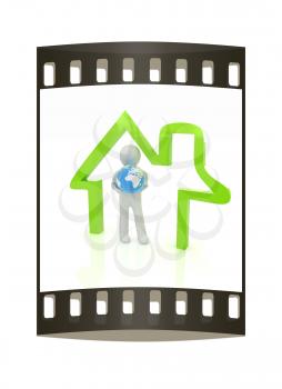 3d man, house icon and earth. The film strip
