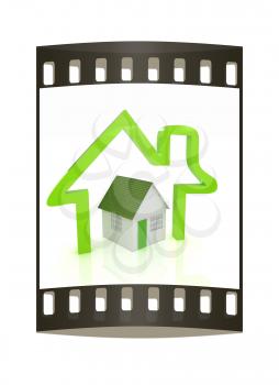 3d green house and icon house on white background. The film strip