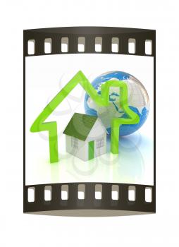 3d green house, earth and icon house on white background. The film strip