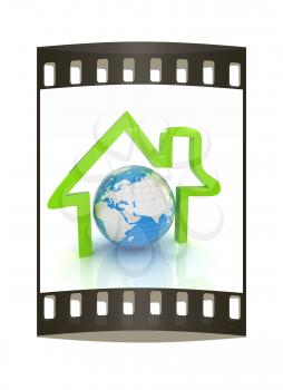 3d green icon house, earth on white background. The film strip