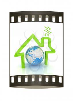 3d green icon house, earth on white background. The film strip