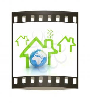 earth and icon house on white background. The film strip