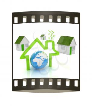 3d green house, earth and icon house on white background. The film strip