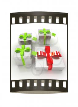 Gifts with ribbon on a white background. The film strip