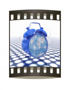 3d illustration of glossy clock of world map. Time concept. The film strip