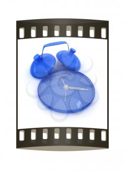 3d illustration of glossy alarm clock against white background. The film strip