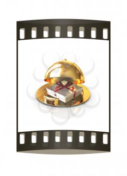Illustration of a luxury gift on restaurant cloche on a white background. The film strip