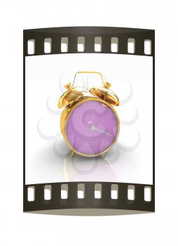 3d illustration of glossy alarm clock against white background. The film strip