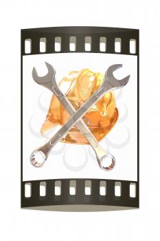 The protective helmet working and crossed wrenches. The image of a skull and bones on a white background. The film strip