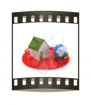 house and earth on restaurant cloche isolated on white background. The film strip