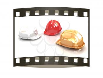 Hard hats on a white background. The film strip