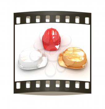 Hard hats on a white background. The film strip