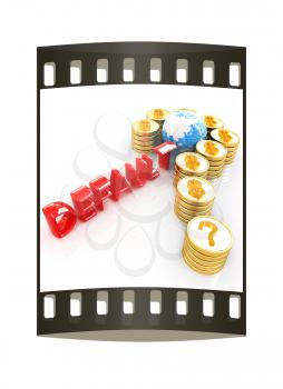 Question mark in the form of gold coins with dollar sign on a white background. The film strip