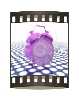3d illustration of glossy alarm clock. Time concept. The film strip
