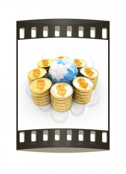 Gold dollar coin stack around the Earth isolated on white. The film strip