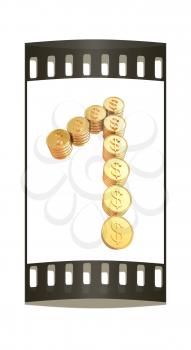 Number one of gold coins with dollar sign isolated on white background. The film strip