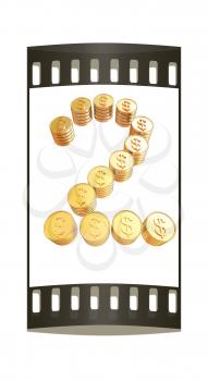 Number two of gold coins with dollar sign isolated on white background. The film strip