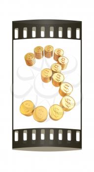 Number three of gold coins with dollar sign isolated on white background. The film strip