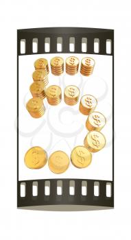 Number five of gold coins with dollar sign isolated on white background. The film strip