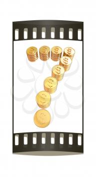 Number seven of gold coins with dollar sign isolated on white background. The film strip
