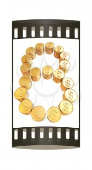 Number eight of gold coins with dollar sign isolated on white background. The film strip