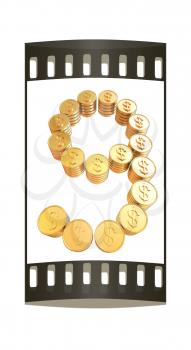 Number nine of gold coins with dollar sign isolated on white background. The film strip