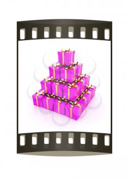 Bright christmas gifts on a white background. The film strip 