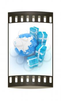 Traditional Christmas gifts and earth on a white background. Global holiday concept. The film strip