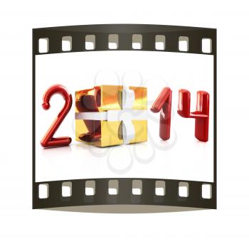 Abstract 3d illustration of text 2014 with present box on a white background. The film strip