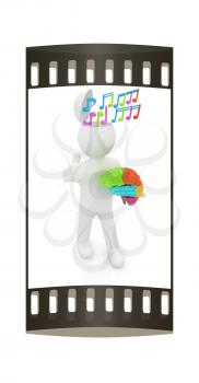 3d people - man with half head, brain and trumb up. Сomposer concept with colorfull note. The film strip