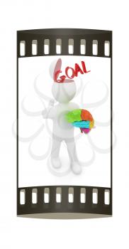 3d people - man with half head, brain and trumb up. Goal concept. The film strip