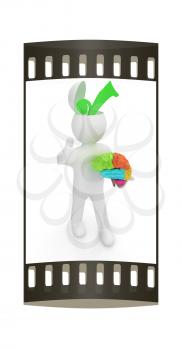 3d people - man with half head, brain and trumb up. Choice concept. The film strip