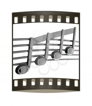 3D music note on stave on a white. The film strip