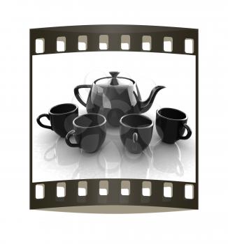 black teapot and cups. The film strip