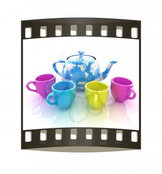 colorfull cups and teapot for earth. Globally. Drink for the entire planet.Concept of communication. The film strip
