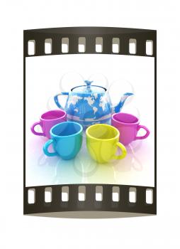 colorfull cups and teapot for earth. Globally. Drink for the entire planet.Concept of communication. The film strip