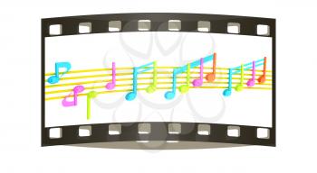 Various music notes on stave. Colorfull 3d. The film strip