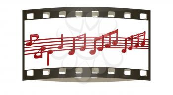 Various music notes on stave. Red 3d. The film strip
