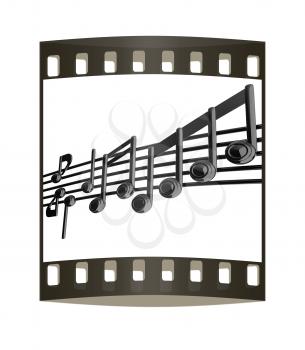 Various music notes on stave. Black 3d. The film strip