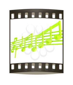 Various music notes on stave. Green 3d. The film strip