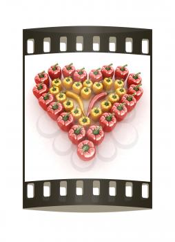 Bulgarian Pepper Heart Shape, On White Background. The film strip