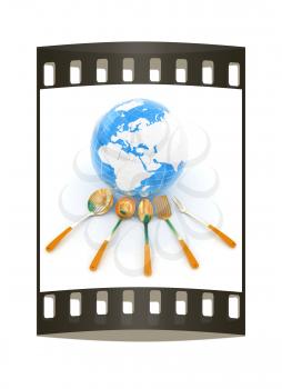 cutlery on white background around Earth. The film strip