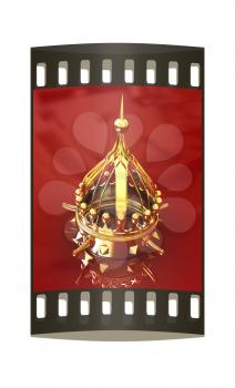 Gold crown isolated on red background. The film strip