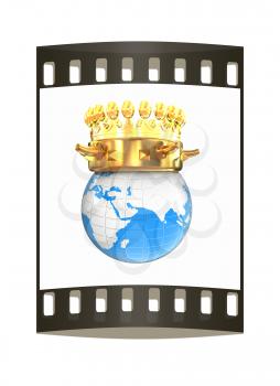 Gold crown on earth isolated on white background. The film strip